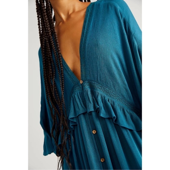 Free People Paradiso Boho Ruffle Lace V-Neck Maxi Dress in Lagoon Sz XS SOLD OUT - Picture 2 of 14